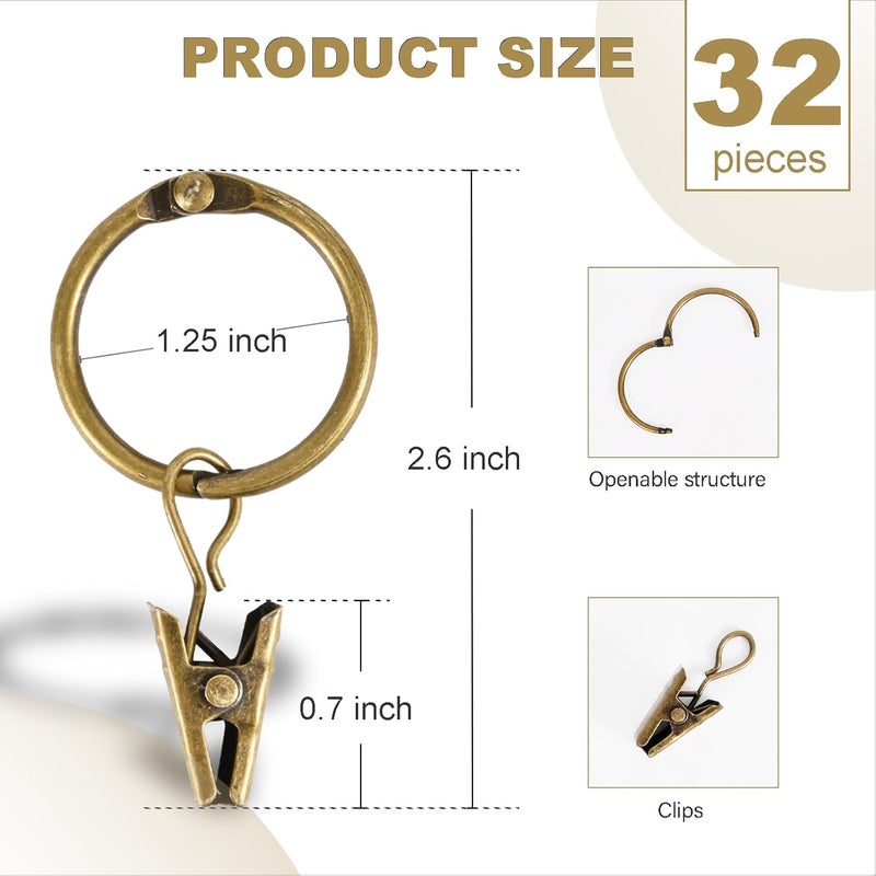 Hanitronic 32 PCS Curtain Rings with Clips, Openable Drapery Metal Clip Rings for Hanging Drapes Decorative Fit Up to 1-inch Windows Rods (1 1/4“ Inner Diameter) - Image 2